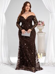 Coutiva Plus Size Women's Off Shoulder Sequin Luxurious Classy Elegant Formal Evening Gown (Heavy Embellishment) New Year Dinner Fall - Brown - View 7