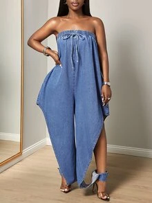 Slaydiva Women's Sexy Casual Streetwear Strappy Bandeau Denim Jumpsuit Vacation Fall - Blue - View 6