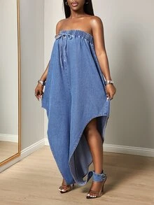 Slaydiva Women's Sexy Casual Streetwear Strappy Bandeau Denim Jumpsuit Vacation Fall - Blue - View 5