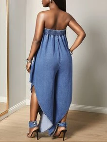 Slaydiva Women's Sexy Casual Streetwear Strappy Bandeau Denim Jumpsuit Vacation Fall - Blue - View 3