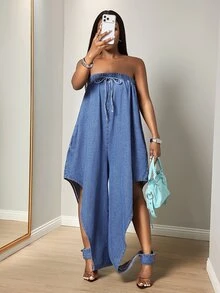 Slaydiva Women's Sexy Casual Streetwear Strappy Bandeau Denim Jumpsuit Vacation Fall - Blue - View 4