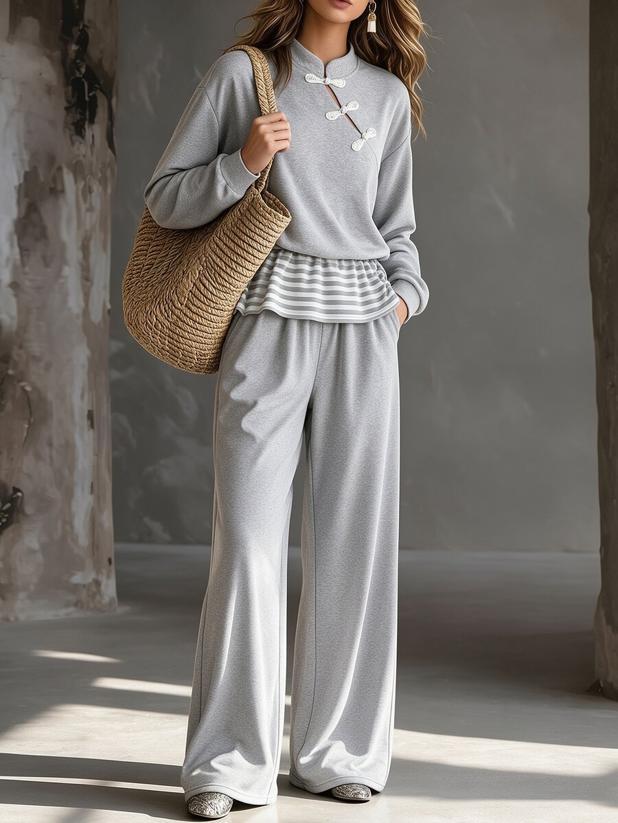 SHEIN Women's Long Sleeve Two-Piece Set, Chinese Stand Collar, Frog Button, Loose Sweatshirt, Grey Patchwork. Wide Leg Pants, Casual Fall Daily Wear - Grey - View 1
