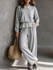 SHEIN Women's Long Sleeve Two-Piece Set, Chinese Stand Collar, Frog Button, Loose Sweatshirt, Grey Patchwork. Wide Leg Pants, Casual Fall Daily Wear - Grey - View 6