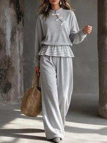 SHEIN Women's Long Sleeve Two-Piece Set, Chinese Stand Collar, Frog Button, Loose Sweatshirt, Grey Patchwork. Wide Leg Pants, Casual Fall Daily Wear - Grey - View 5