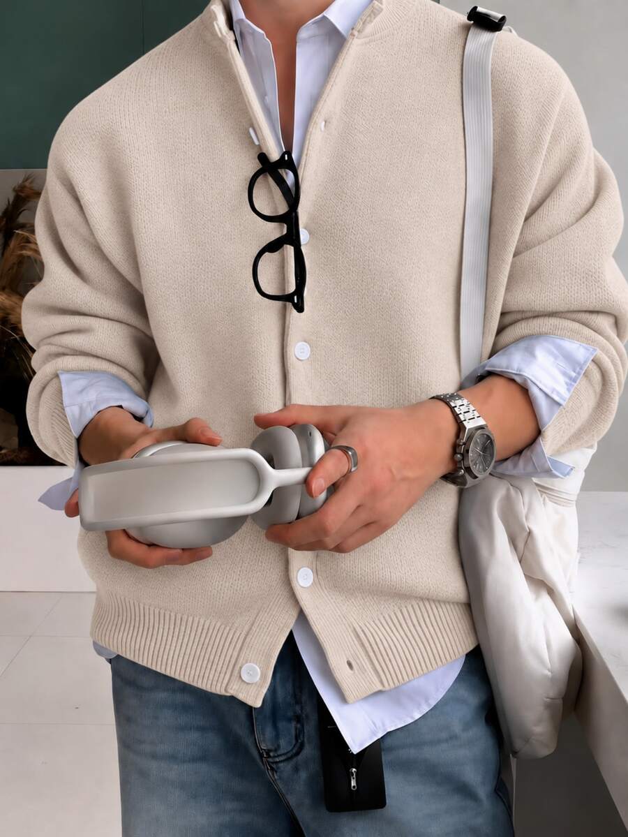 Claim Dot Men's Solid Color Long Sleeve Single-Breasted Casual Knit Cardigan Back-To-School Teachers' Day Graduation Office Light Blue Autumn - Dusty Pink - View 1