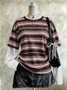Collagica Collagica Women's Striped Long-Sleeve "Faux-Layered" T-Shirt – Pink-Brown And White Crew-Neck Top, Y2K Preppy-Style Retro Streetwear, Autumn Apparel - Multicolor - View 3