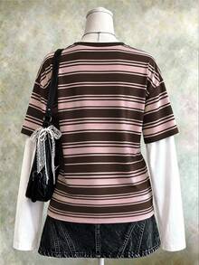 Collagica Collagica Women's Striped Long-Sleeve "Faux-Layered" T-Shirt – Pink-Brown And White Crew-Neck Top, Y2K Preppy-Style Retro Streetwear, Autumn Apparel - Multicolor - View 2