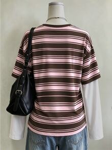 Collagica Collagica Women's Striped Long-Sleeve "Faux-Layered" T-Shirt – Pink-Brown And White Crew-Neck Top, Y2K Preppy-Style Retro Streetwear, Autumn Apparel - Multicolor - View 4