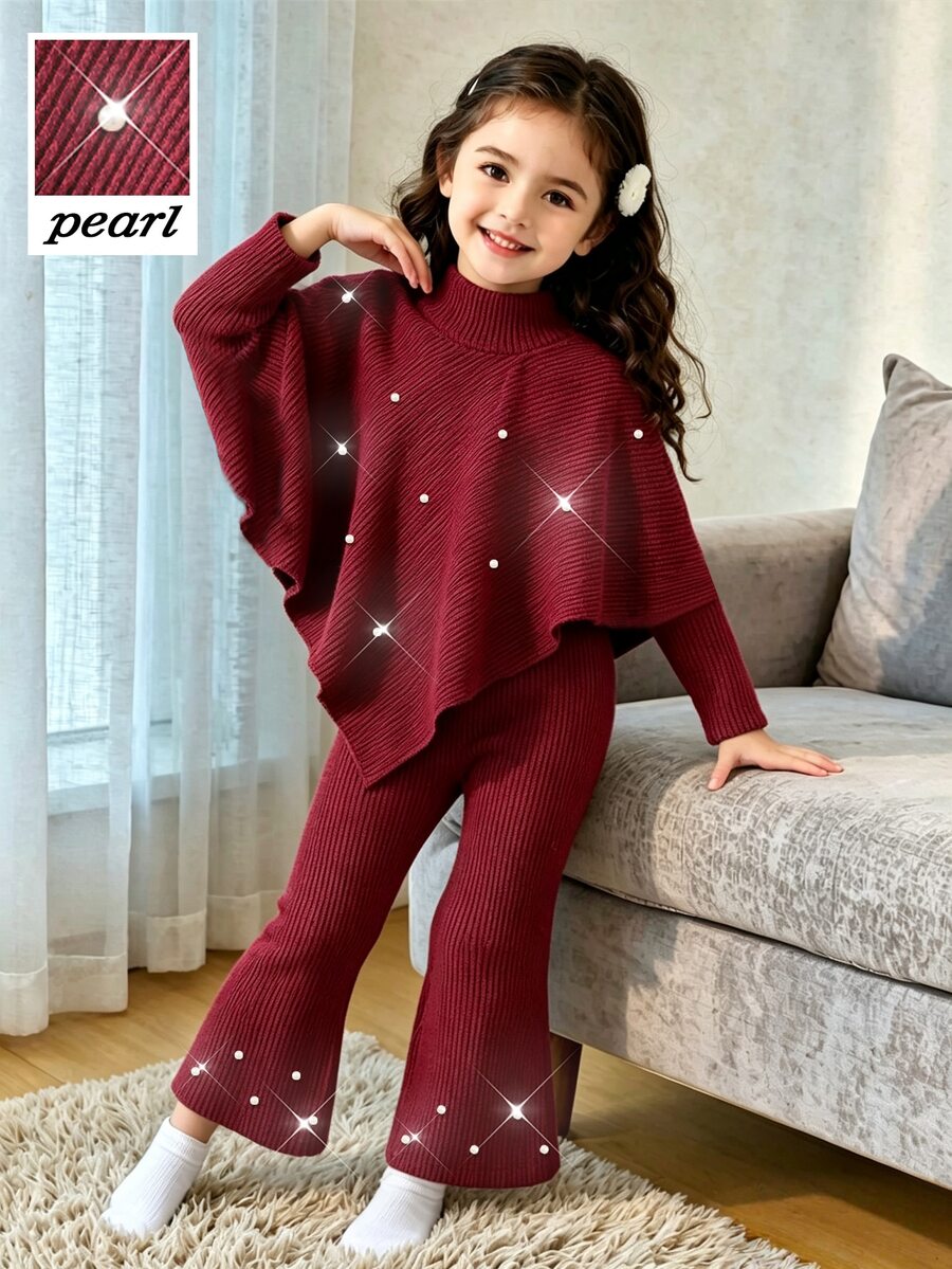 SHEIN Girls 2pcs Christmas Ribbed Knit Set Toddler Burgundy Faux Pearl Asymmetrical Poncho Top And Flared Pants Holiday Fall Christmas Birthday Outfits - Burgundy - View 1