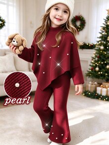 SHEIN 女童 2 件組聖誕羅紋針織套裝 幼兒酒紅色仿珍珠不對稱披肩上衣與喇叭褲 假日秋季聖誕生日穿搭 - 酒紅色 - 查看 1