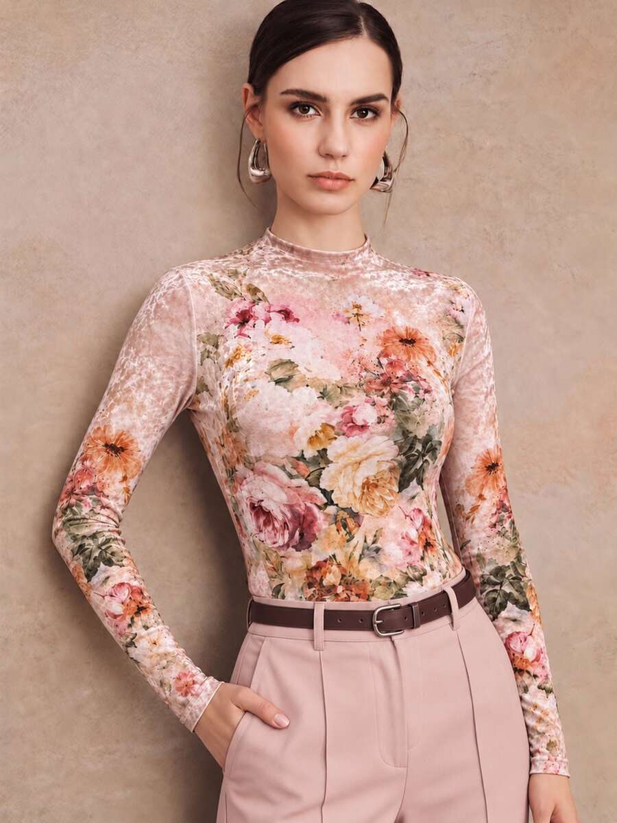 Anewsta Autumn/Winter New Elegant Fashion Velvet Printed Women's Top For Outing, Party And Holiday - Orange - View 1