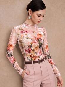 Anewsta Autumn/Winter New Elegant Fashion Velvet Printed Women's Top For Outing, Party And Holiday - Orange - View 5