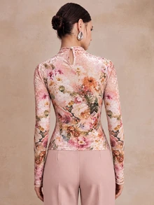 Anewsta Autumn/Winter New Elegant Fashion Velvet Printed Women's Top For Outing, Party And Holiday - Orange - View 7