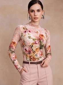 Anewsta Autumn/Winter New Elegant Fashion Velvet Printed Women's Top For Outing, Party And Holiday - Orange - View 4