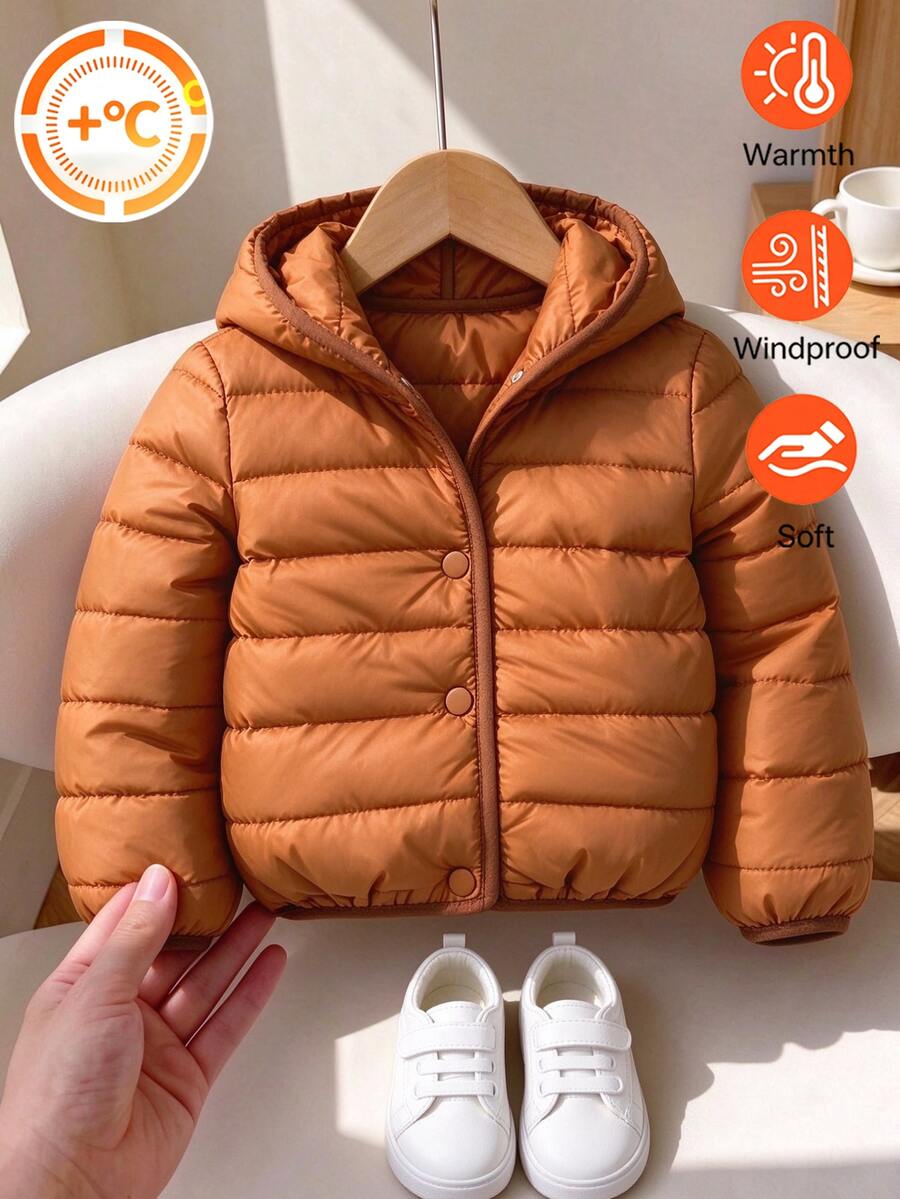 SHEIN Baby Boy Padded Jacket Cowboy Gangster Brown Quilted Hooded Button Long Sleeve Thick Winter Baggy Solid Color Puffer Club - Brown - View 1