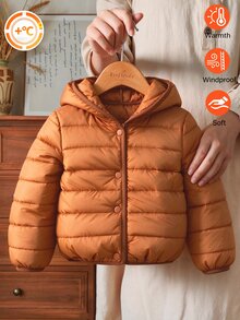 SHEIN Baby Boy Padded Jacket Cowboy Gangster Brown Quilted Hooded Button Long Sleeve Thick Winter Baggy Solid Color Puffer Club - Brown - View 2