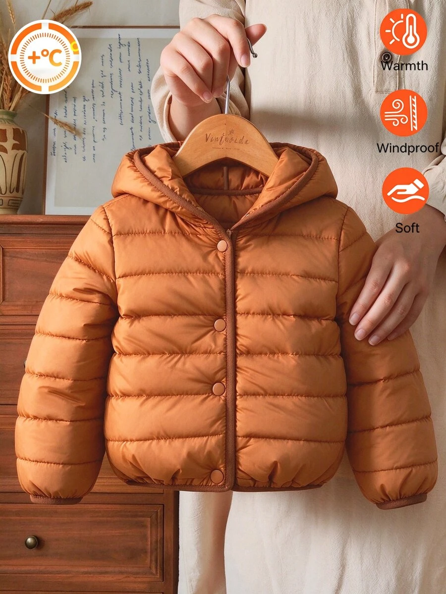 SHEIN Baby Boy Padded Jacket Cowboy Gangster Brown Quilted Hooded Button Long Sleeve Thick Winter Baggy Solid Color Puffer Club