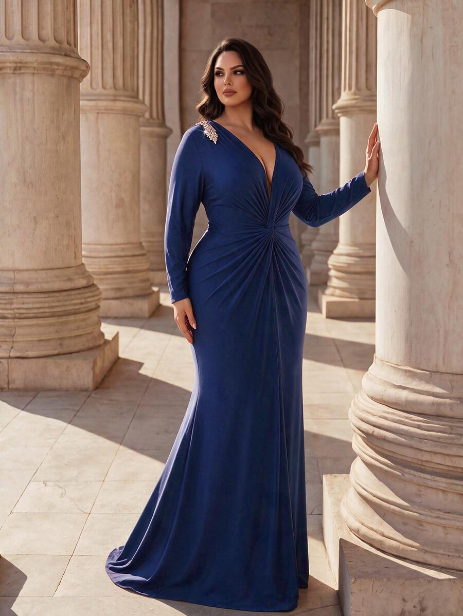 Coutiva Plus Size Women's Rhinestone Decor Twisted Knot Design Fitted Mermaid Elegant Dinner Gown (Heavy Workmanship) New Year Christmas Royal Blue Fall - Navy Blue - View 1