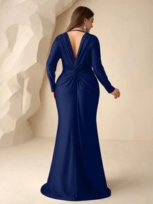 Coutiva Plus Size Women's Rhinestone Decor Twisted Knot Design Fitted Mermaid Elegant Dinner Gown (Heavy Workmanship) New Year Christmas Royal Blue Fall - Navy Blue - View 3