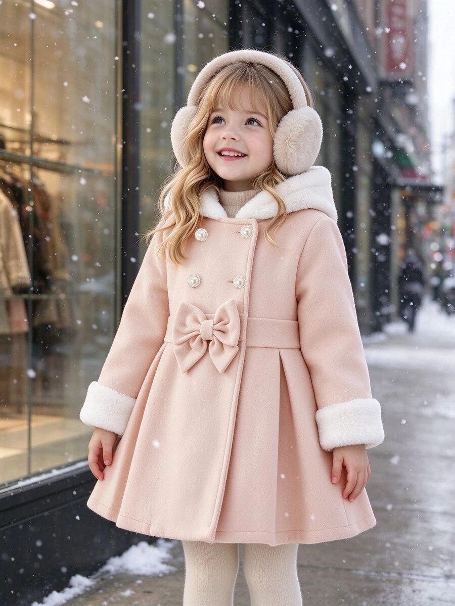 SHEIN Elladie kids 女童雙排扣羊毛混紡中長款大衣,秋冬優雅西式正式婚禮派對外套 - 杏色 - 查看 1
