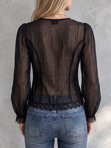 SHEIN Women's Lace Patchwork Casual Sexy Versatile Daily Wear Top Halloween Night Out Date Night Black Fall - Black - View 2
