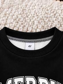 Young Boys Black Sweatshirt, "MERRY Christmas" Printed In The Center, Christmas Santa Claus, Reindeer And Snowman Cartoon Patterns Printed On Both Sleeves, Decorated With Snowflakes And Stars; Ribbed Collar, Cuffs And Hem - Black - View 5