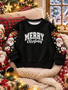 Young Boys Black Sweatshirt, "MERRY Christmas" Printed In The Center, Christmas Santa Claus, Reindeer And Snowman Cartoon Patterns Printed On Both Sleeves, Decorated With Snowflakes And Stars; Ribbed Collar, Cuffs And Hem - Black - View 2