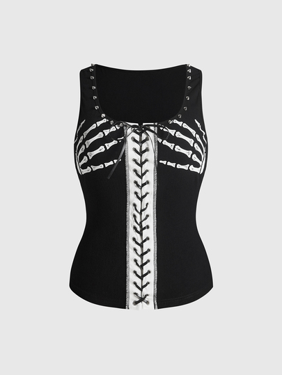 Goth Camisola de encaje con cordones y gráfico de mano con calavera estilo gótico Y2K navideño para mujer talla grande
