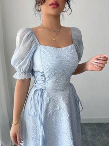 Modelyn Sheer Puff Sleeve Cinched Waist High Low Hem Long Dress For Women - Blue - View 3
