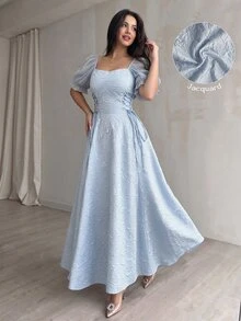 Modelyn Sheer Puff Sleeve Cinched Waist High Low Hem Long Dress For Women - Blue - View 2