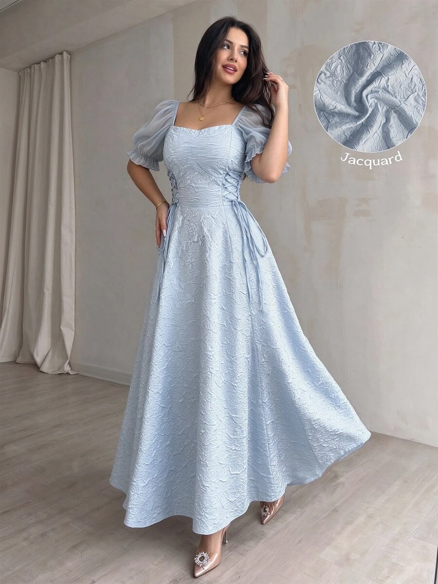 Modelyn Sheer Puff Sleeve Cinched Waist High Low Hem Long Dress For Women