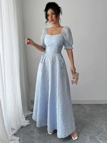 Modelyn Sheer Puff Sleeve Cinched Waist High Low Hem Long Dress For Women - Blue - View 7