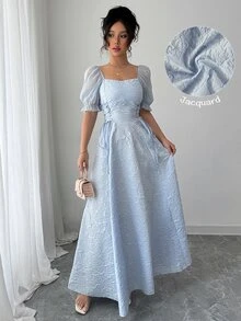 Modelyn Sheer Puff Sleeve Cinched Waist High Low Hem Long Dress For Women - Blue - View 4