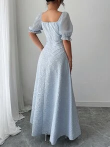 Modelyn Sheer Puff Sleeve Cinched Waist High Low Hem Long Dress For Women - Blue - View 5