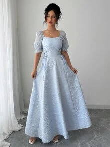 Modelyn Sheer Puff Sleeve Cinched Waist High Low Hem Long Dress For Women - Blue - View 9