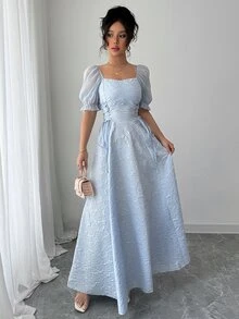 Modelyn Sheer Puff Sleeve Cinched Waist High Low Hem Long Dress For Women - Blue - View 6