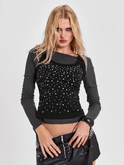 Autumn/Winter Casual Y2K Millennium Style 2 In 1 Color Block Patchwork Metallic Foil Print Women's Long Sleeve T-Shirt