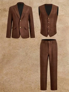 HIMLAND Men's Solid Color Vest, Long Sleeve Jacket And Pants Casual Suit Set Halloween Christmas Winter Party Autumn - Brown - View 15
