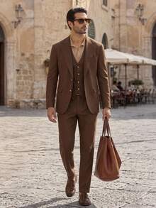 HIMLAND Men's Solid Color Vest, Long Sleeve Jacket And Pants Casual Suit Set Halloween Christmas Winter Party Autumn - Brown - View 16