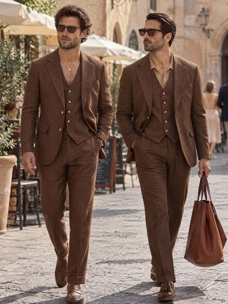HIMLAND Men's Solid Color Vest, Long Sleeve Jacket And Pants Casual Suit Set Halloween Christmas Winter Party Autumn - Brown - View 1