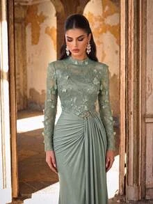 Aureia فستان حورية أنيق فاخر رومانسي مزين بالخرز والترتر بأكمام منتفخة، بتصميم محافظ شفاف من الدانتيل المرن مع رقعات من الشبك المحبوك المرن والتجعيد، مزود بإبزيم معدني، مناسب للزفاف والفعاليات وحفلات توديع العزوبية والعطلات والإجازات والحفلات ومهرجانات الموسيقى وموسم التخرج وحفلات السهرة (أسلوب حرفي ثقيل) - أخضر - مشاهدة 3