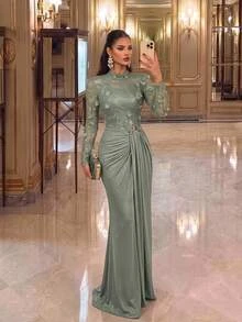 Aureia فستان حورية أنيق فاخر رومانسي مزين بالخرز والترتر بأكمام منتفخة، بتصميم محافظ شفاف من الدانتيل المرن مع رقعات من الشبك المحبوك المرن والتجعيد، مزود بإبزيم معدني، مناسب للزفاف والفعاليات وحفلات توديع العزوبية والعطلات والإجازات والحفلات ومهرجانات الموسيقى وموسم التخرج وحفلات السهرة (أسلوب حرفي ثقيل) - أخضر - مشاهدة 1