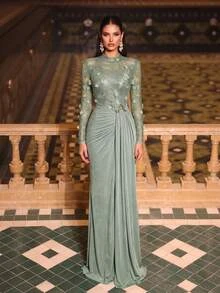 Aureia فستان حورية أنيق فاخر رومانسي مزين بالخرز والترتر بأكمام منتفخة، بتصميم محافظ شفاف من الدانتيل المرن مع رقعات من الشبك المحبوك المرن والتجعيد، مزود بإبزيم معدني، مناسب للزفاف والفعاليات وحفلات توديع العزوبية والعطلات والإجازات والحفلات ومهرجانات الموسيقى وموسم التخرج وحفلات السهرة (أسلوب حرفي ثقيل) - أخضر - مشاهدة 4