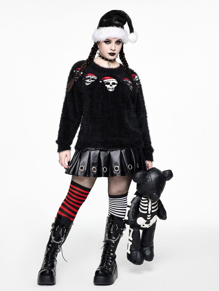 ROMWE Plus Size Women's Fashion Streetwear Gothic Christmas Skull Classic Pattern Plush Pullover Sweater - Black - View 4
