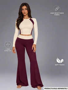 Brilight Folded Waist Wide-Leg Yoga Leggings & Contrast Racerback Sports Vest Two Pieces Set, Slim Fit For Gym, Pilates, Daily Wear, Butter Yellow. - Purple - View 1