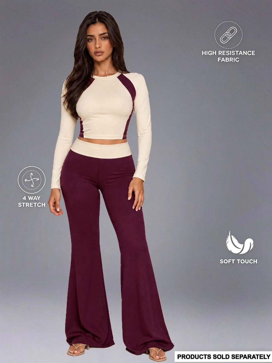 Brilight Folded Waist Wide-Leg Yoga Leggings & Contrast Racerback Sports Vest Two Pieces Set, Slim Fit For Gym, Pilates, Daily Wear, Butter Yellow. - Purple - View 1