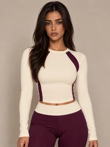 Brilight Folded Waist Wide-Leg Yoga Leggings & Contrast Racerback Sports Vest Two Pieces Set, Slim Fit For Gym, Pilates, Daily Wear, Butter Yellow. - Purple - View 7