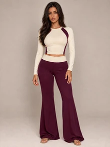 Brilight Folded Waist Wide-Leg Yoga Leggings & Contrast Racerback Sports Vest Two Pieces Set, Slim Fit For Gym, Pilates, Daily Wear, Butter Yellow. - Purple - View 5