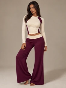 Brilight Folded Waist Wide-Leg Yoga Leggings & Contrast Racerback Sports Vest Two Pieces Set, Slim Fit For Gym, Pilates, Daily Wear, Butter Yellow. - Purple - View 3