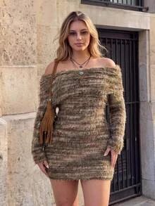 SHEIN ICON Plus Size Knit Dress, Warm Winter Dress, Striped Sweater Asymmetrical Shoulder Dress - Multicolor - View 1